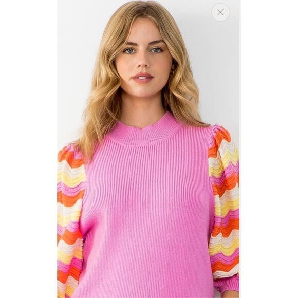 Anthropologie THML Rib Knit Mid Puff Sleeve Sweater XS Sherbet Coachella - Picture 2 of 9